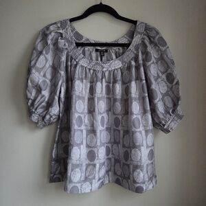 100% Silk EUC Gray Geometric Puff-Sleeve Boxy Blouse Jacob Like NEW S-M